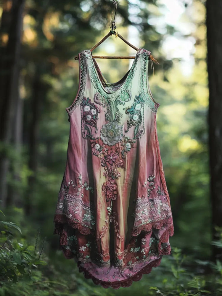 Boho Lavender Gradient Lace Art Linen Sleeveless Tank Top