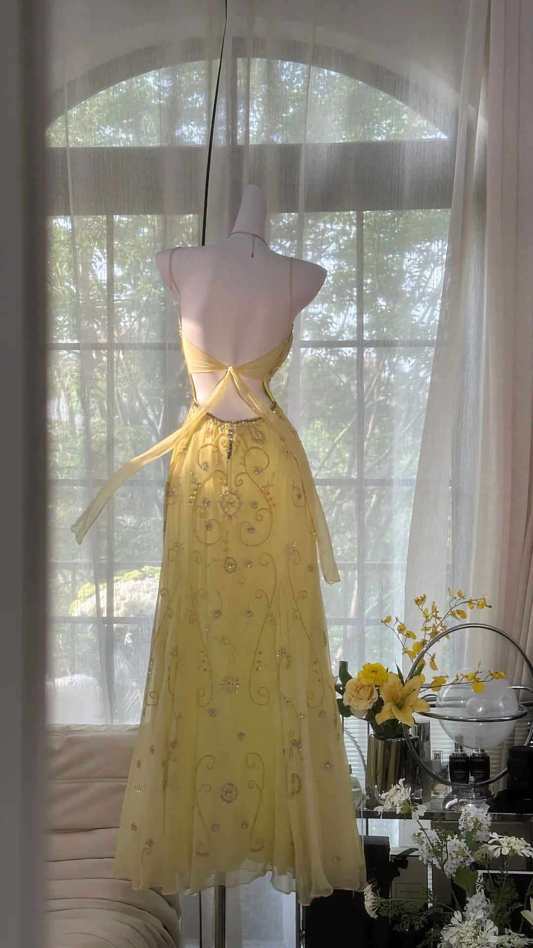 Yellow Gorgeous Exquisite Beaded Backless Spaetti Strap Long Chiffon Ball Gown Evening Dress Birthday/Holiday Party Dress Prom Dress 4063