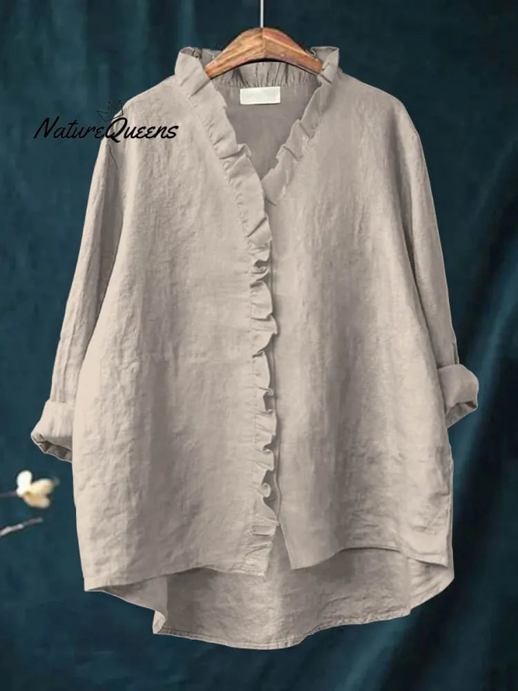 Women's Casual Cotton And Linen Ruffle Shirt