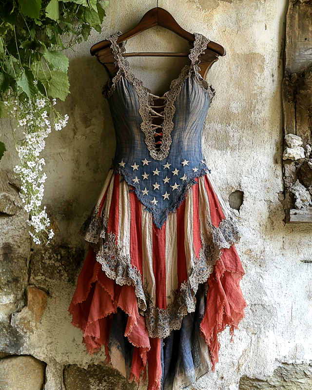Summer Vintage Independence Day Lace Patchwork Dress 9848