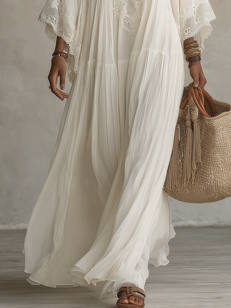 Effortless Flowy Vacation Cream White Boho Maxi Dress