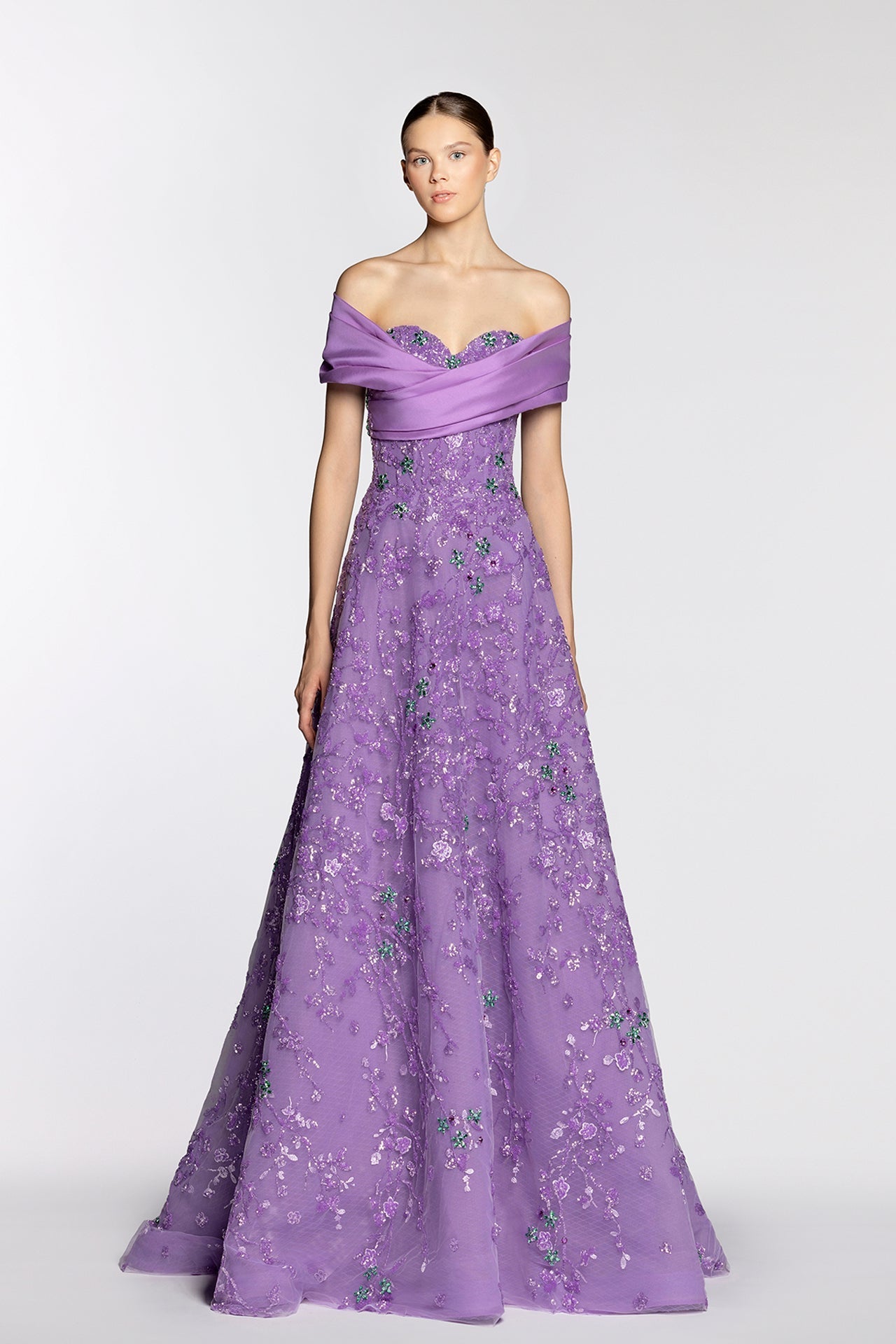 Draped bodice fully embroidered dress