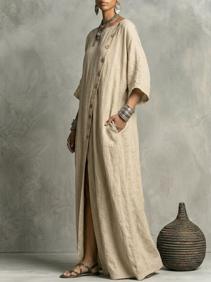 Women's Round-neck 3/4-sleeve Single-breasted Cotton-linen Maxi Dress
