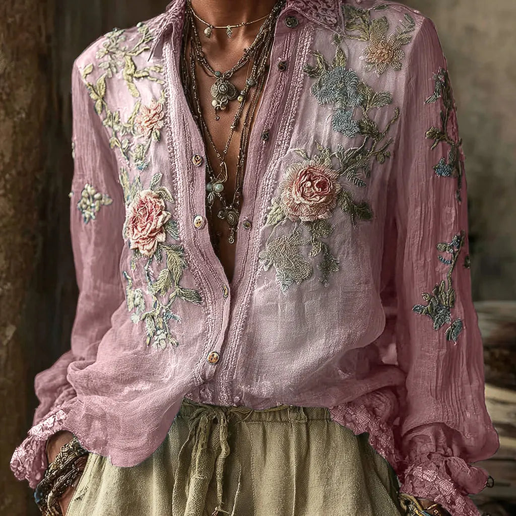 Women's Vintage Bohemian Floral Pattern Linen Long Sleeve Shirt