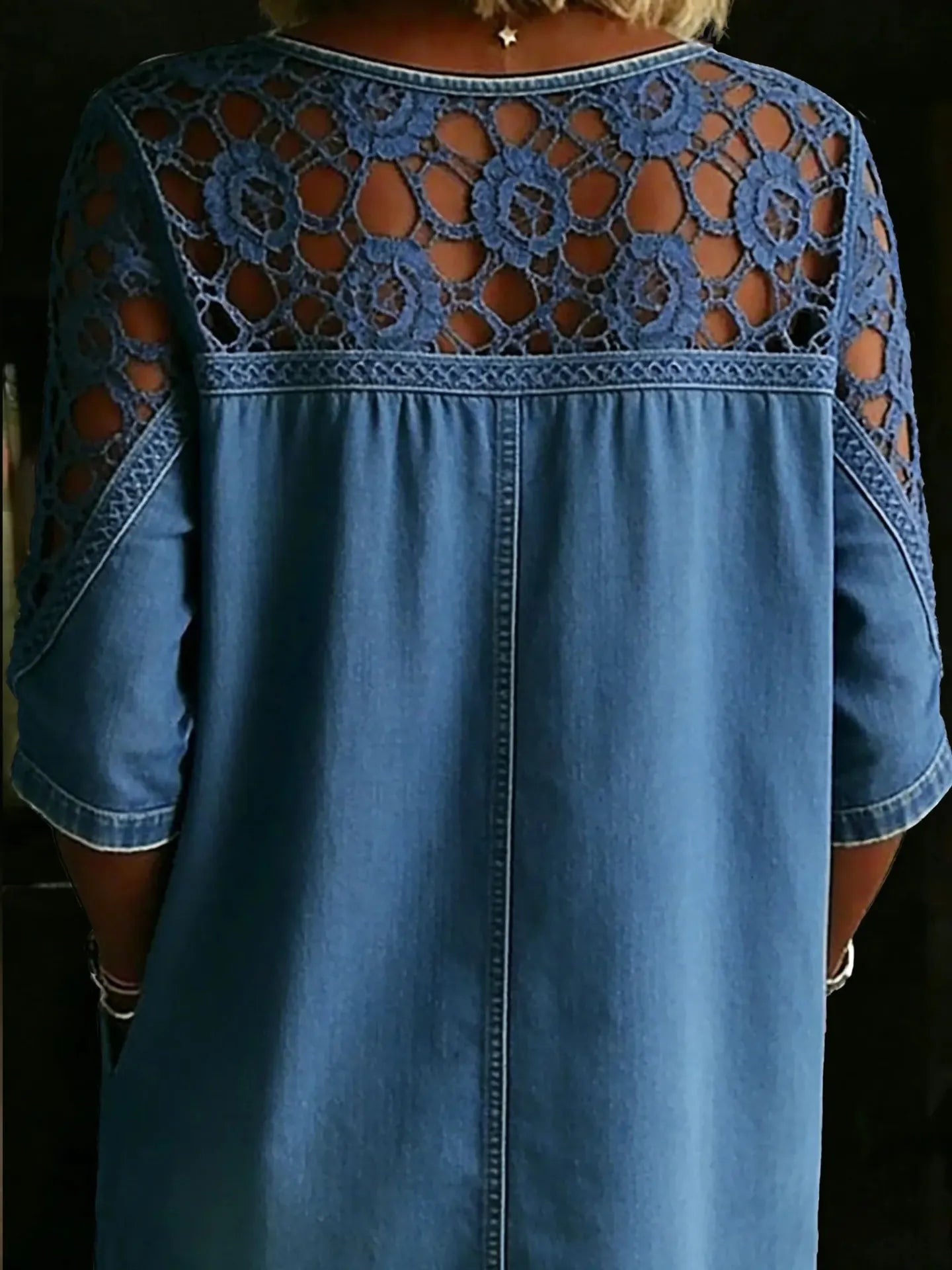 Women's Boho Lace Patchwork Denim Blouse - Loose Fit 3/4 Sleeve Top