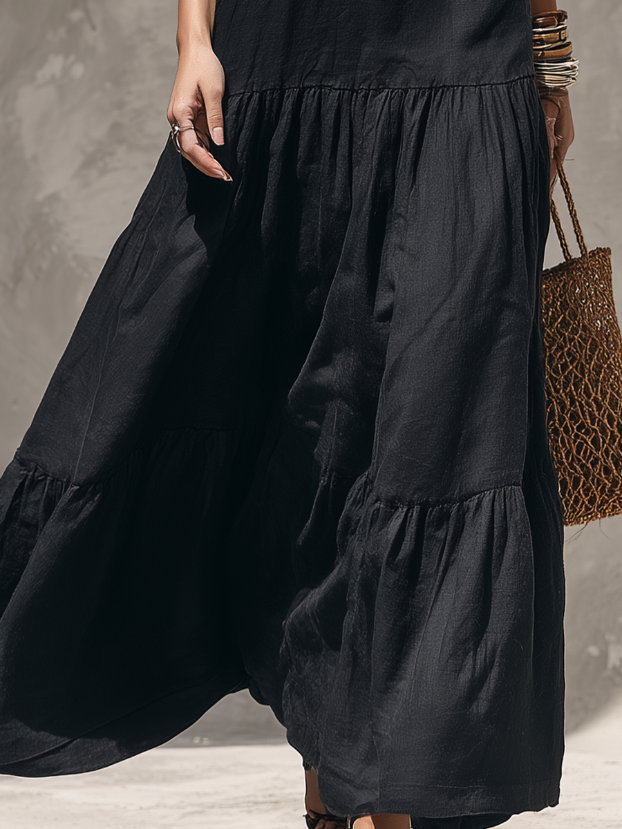 Relaxed Black Halter Neck Tiered Maxi Dress