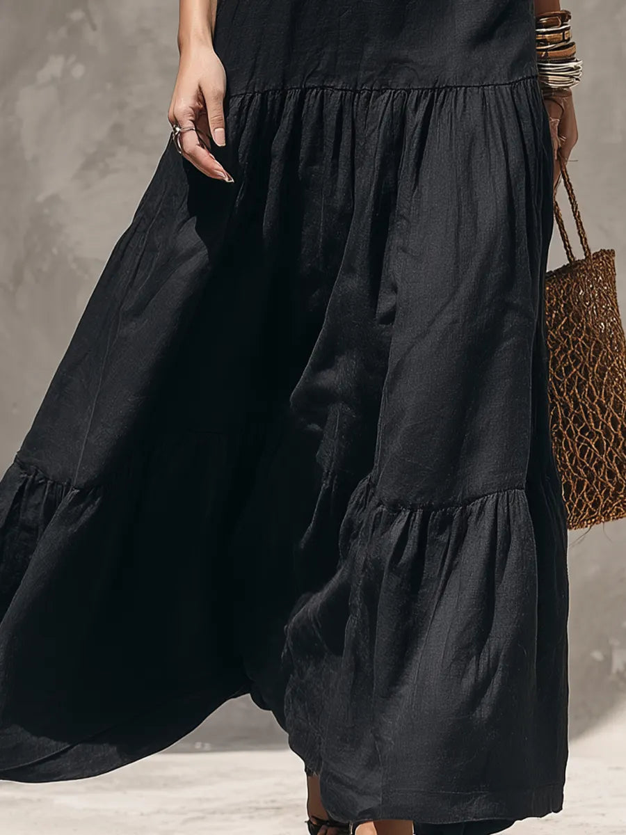 Relaxed Black Halter Neck Tiered Maxi Dress