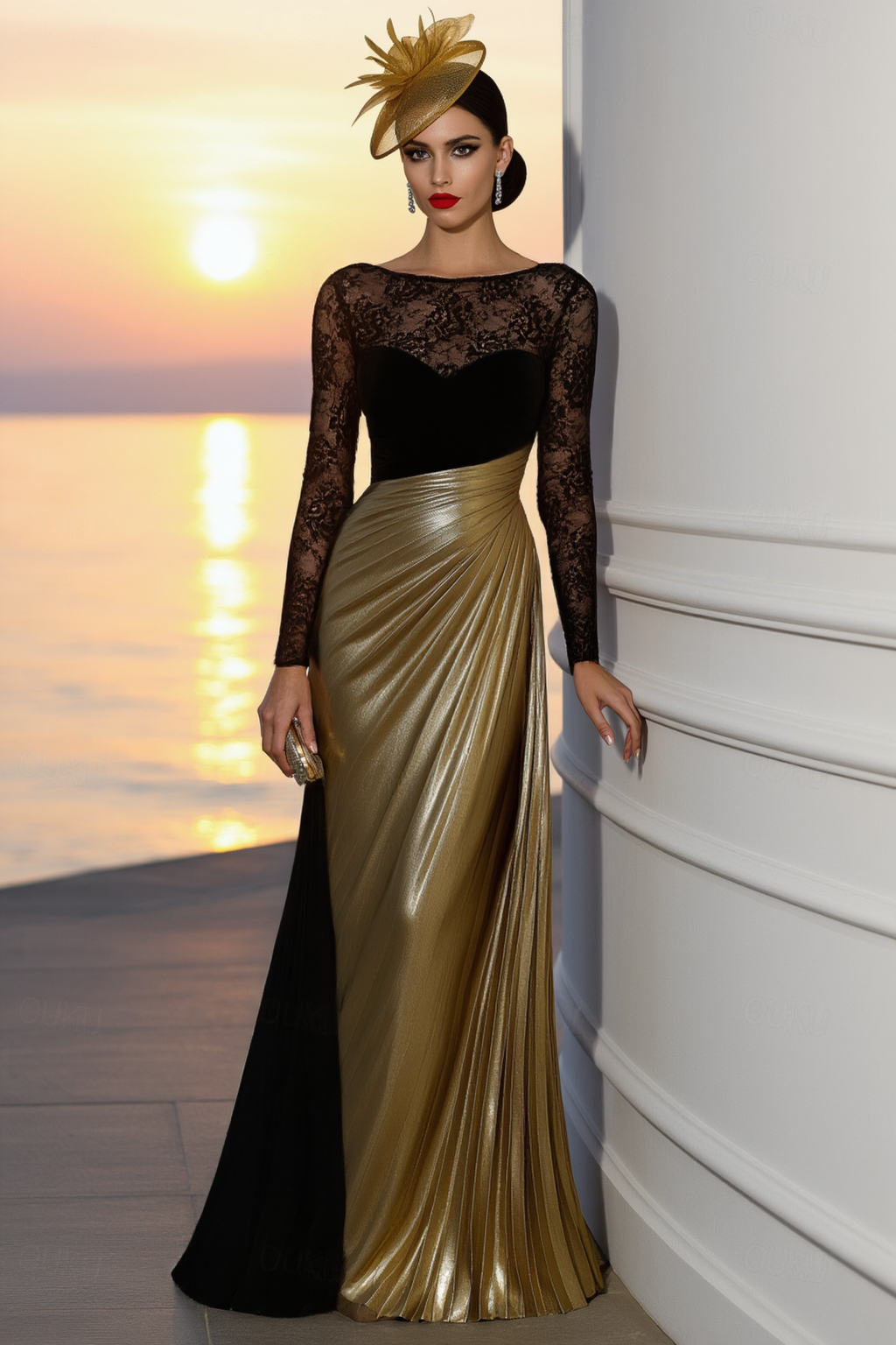 Formal Evening Dress Gold Crew Neck Lace Maxi Long Sleeve Dress