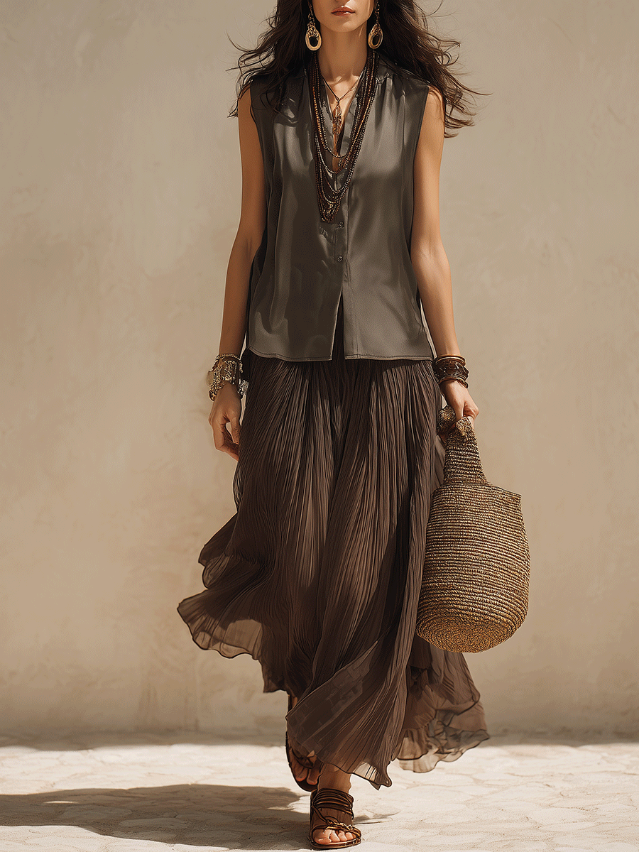 Chic Dark Pleated Maxi Skirt & Sleek Satin Sleeveless Top