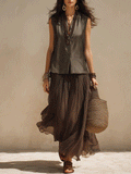 Chic Dark Pleated Maxi Skirt & Sleek Satin Sleeveless Top