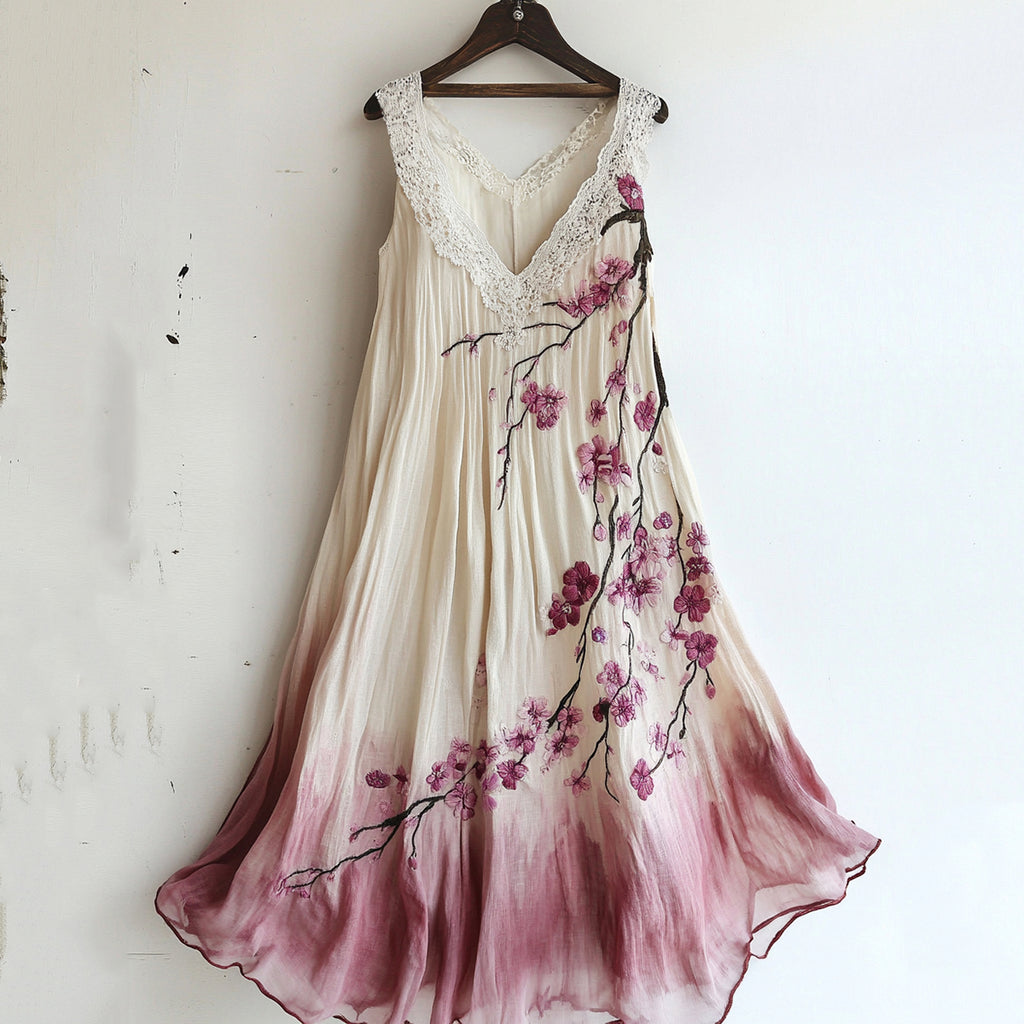 Vintage Cherry Blossom Floral Lace Gradient Art Comfy Tank Dress df3f