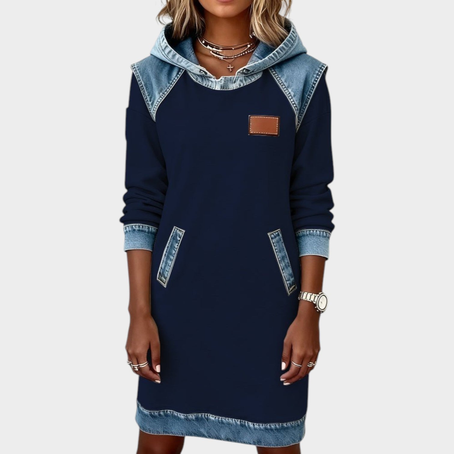 Casual Denim Trim Hoodie Dress