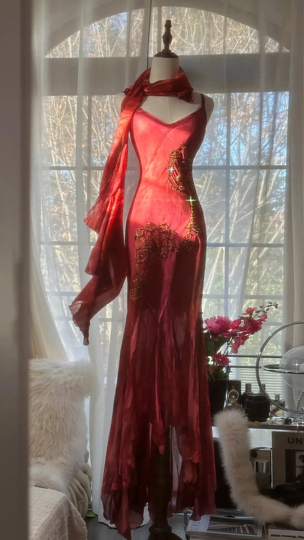 Vintage Evening Dresses, Burgundy Sleeveless Long Party Gowns  25523