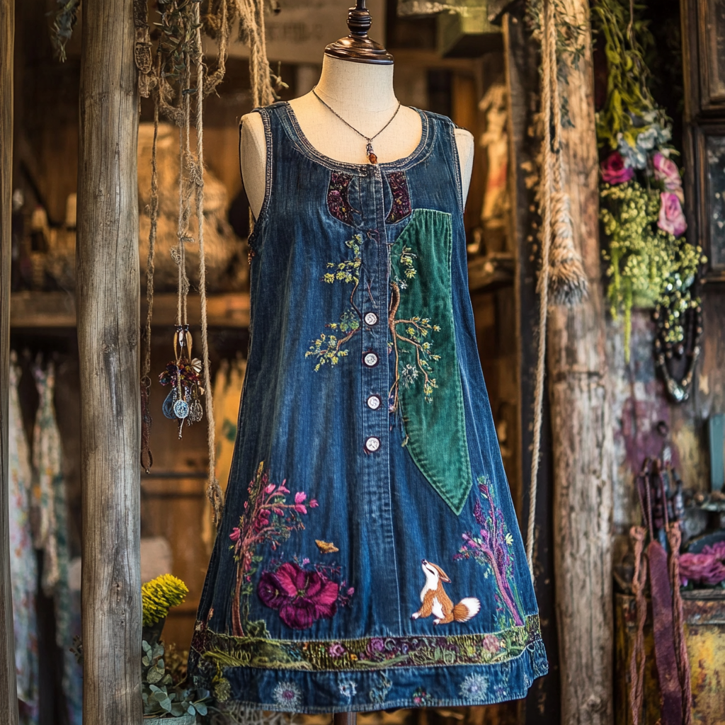 Vintage Respect The Locals Fox Embroidery Denim Dress