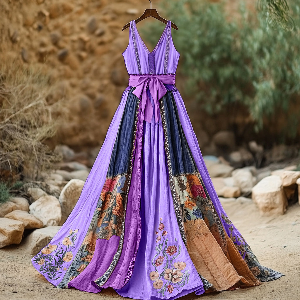 Women's Vintage Floral Art Linen Dress