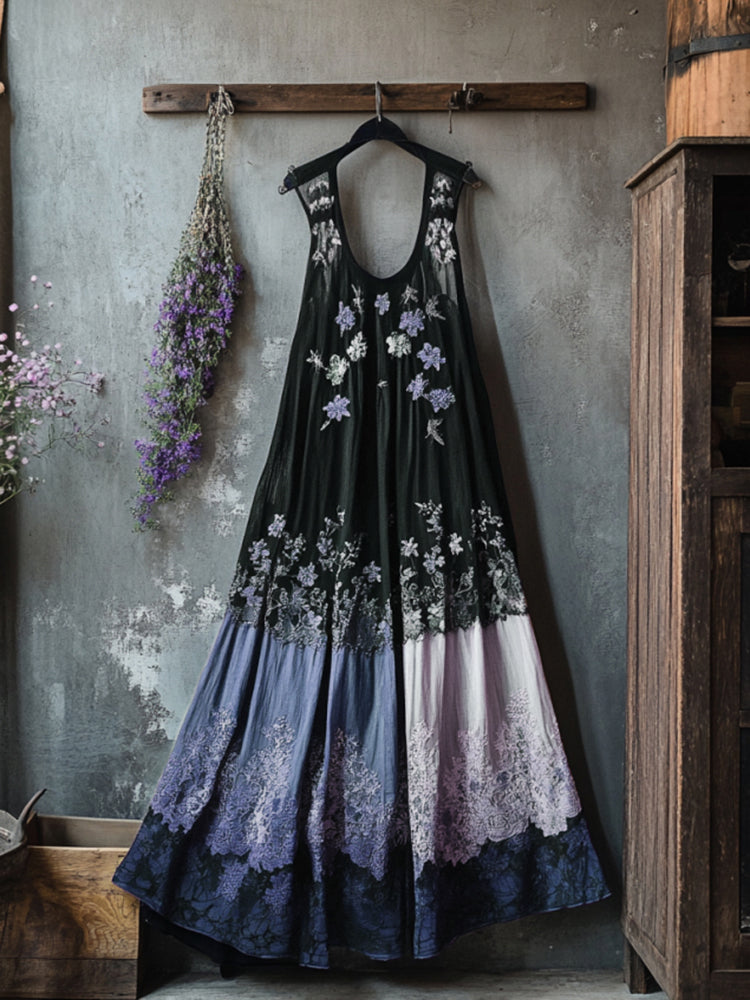 Boho Floral Embroidered Pattern Lace Patchwork Contrast Color Art Linen Dress