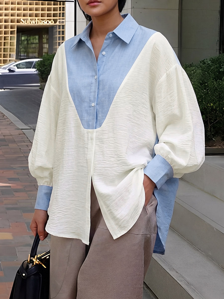 Split-Joint Contrast Color Buttoned Loose Long Sleeves Lapel Blouses&shirts Tops