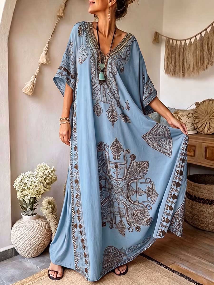 Women's Casual Loose Cotton-linen Dress With Placement Print V-neck, And 3/4 Sleeves