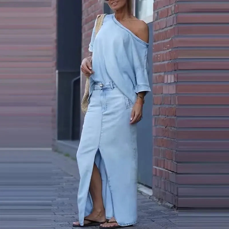 Off-Shoulder  Top & Front-Slit Maxi Skirt Set
