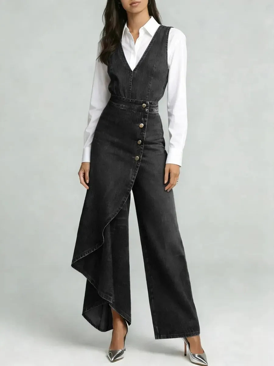Women's Asymmetric Denim Jumpsuit - Elegant High-Waist Sleeveless V-Neck One-Piece with Ruffles