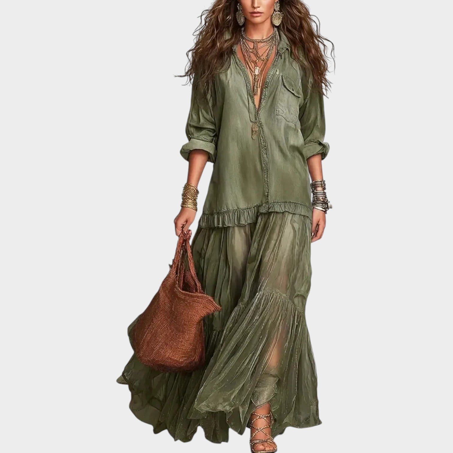 Boho Denim & Sheer Maxi Dress