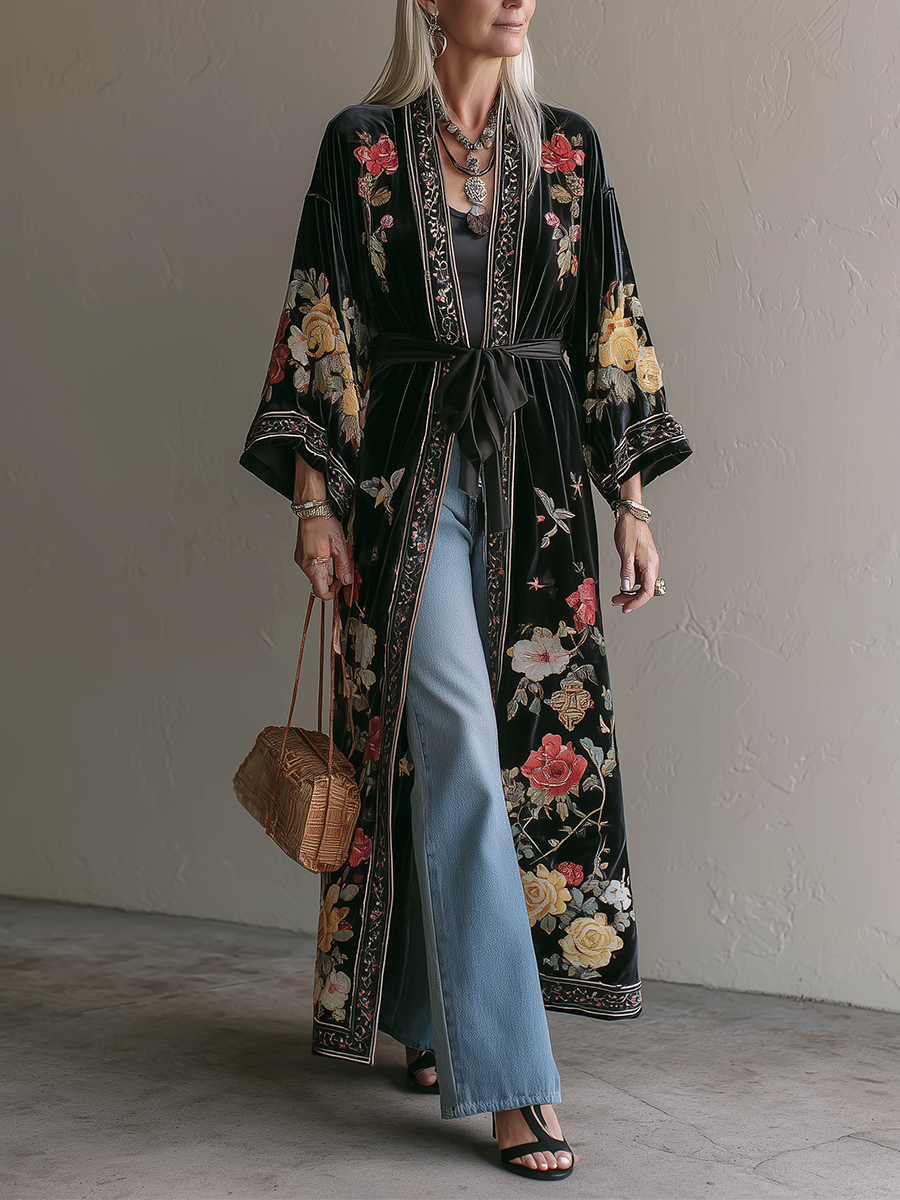 Boho Luxe Belted Velvet Floral Duster Cardigan