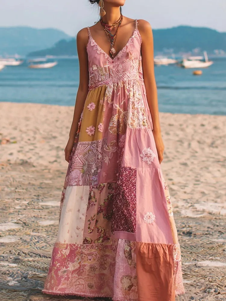 Vintage Boho Floral Patchwork Linen Cami Maxi Dress