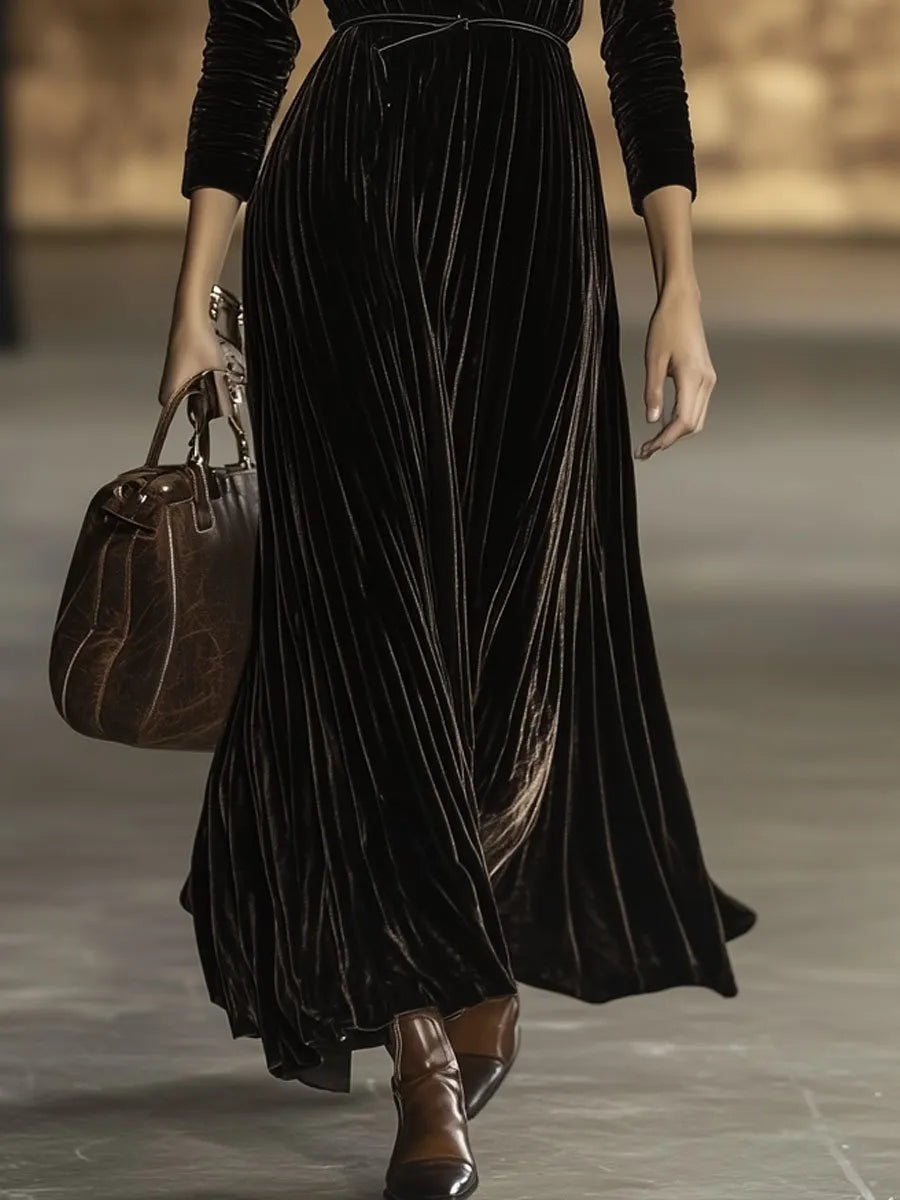 [24-hour shipping out]V-Neck Retro Solid Color Belted Velvet Long-Sleeved Maxi Dress