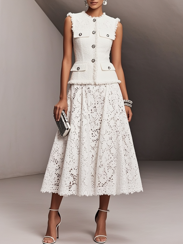 Women Tweed White Buckle Pocket Stitching Crew Neck Sleeveless Dressy Coat With Skirt Two-Piece Set