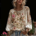 Bohème Floral Printed Cotton And Linen Round Neck Long Sleeve Top