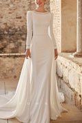 P3213 - Elegant Scoop Long Sleeves Mermaid Pleated Satin Beach Wedding Dress