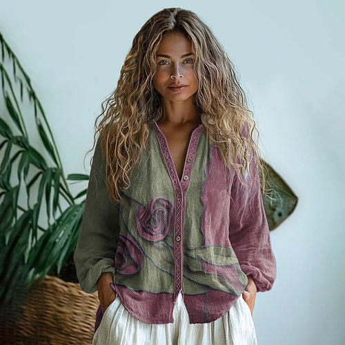 Bohemian Style Linen Vintage Floral Art Print Long Sleeve Shirt