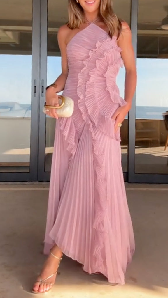 Pleated Ruffle Asymmetrical Hem Halter Neck Maxi Dress