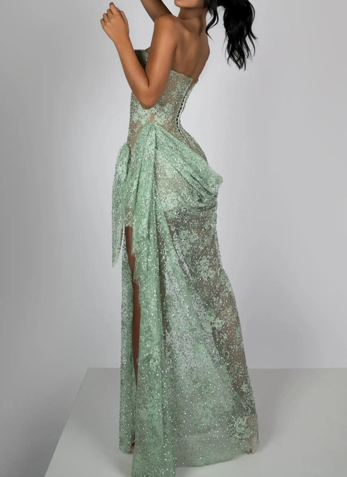 Mint Green Lace & Sequin Strapless Corset Maxi Dress
