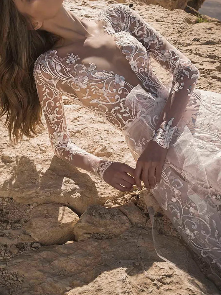 Sexy Deep V-Neck Lace See-Through Backless Empire A-Line Wedding Maxi Dress