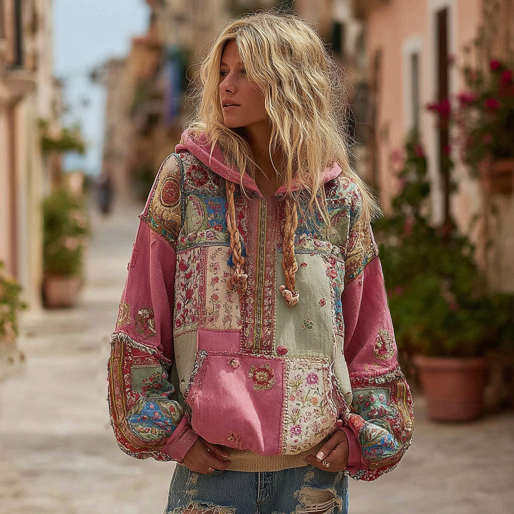 Women's Bohemian Floral And Ethnic Pattern Patchwork Cozy Warm Hoodie