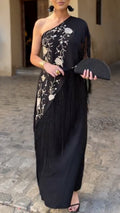 One Shoulder Floral Embroidered Fringe Split Maxi Evening Party Dress