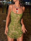 Olive Green Glitter Sheer Spaghetti Strap Mini Dress