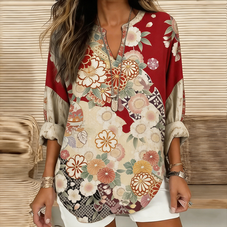 Japanese Art Retro Plant Flower Printed Women's Top