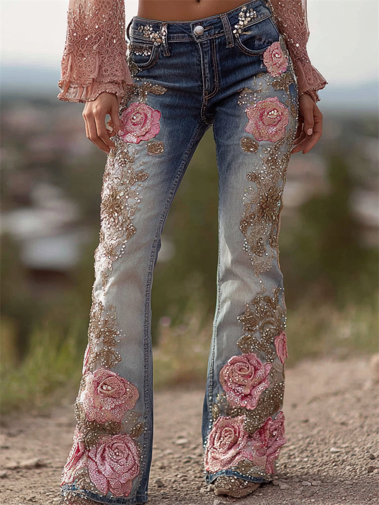 Vintage Pink Roses Glitter Embroidered Washed Bootcut Jeans