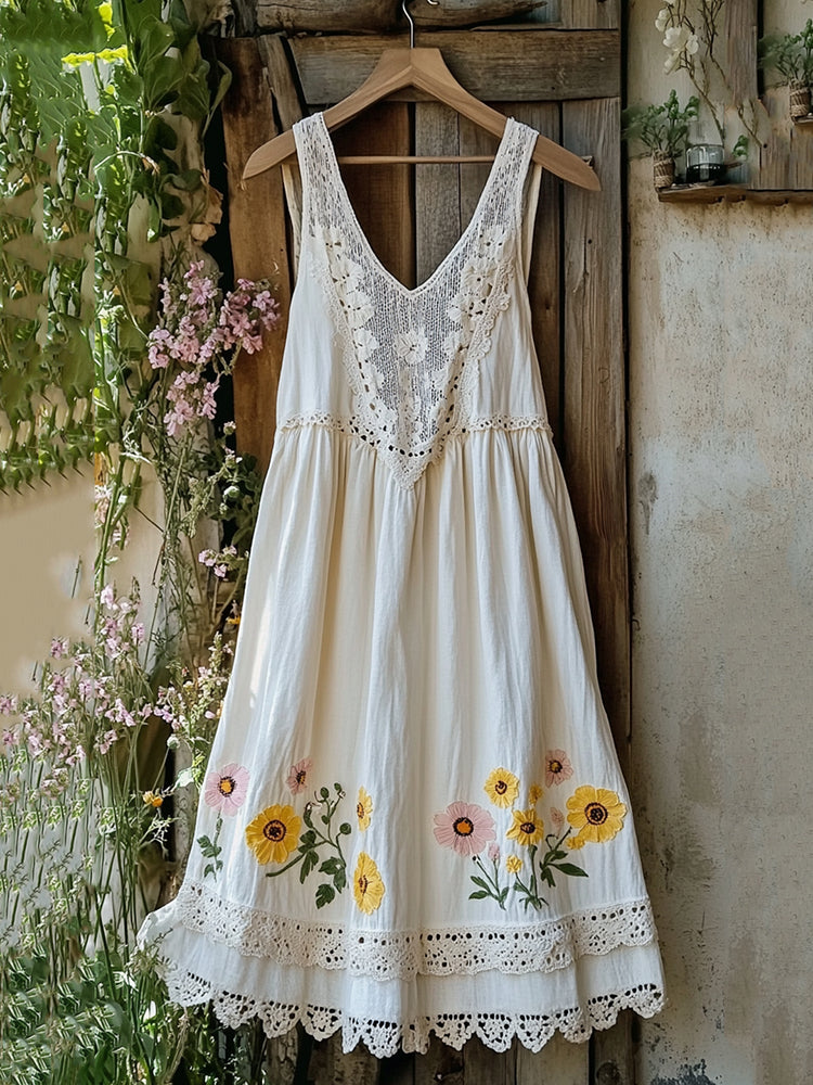 Floral Embroidered Sleeveless Linen Blend Midi Dress