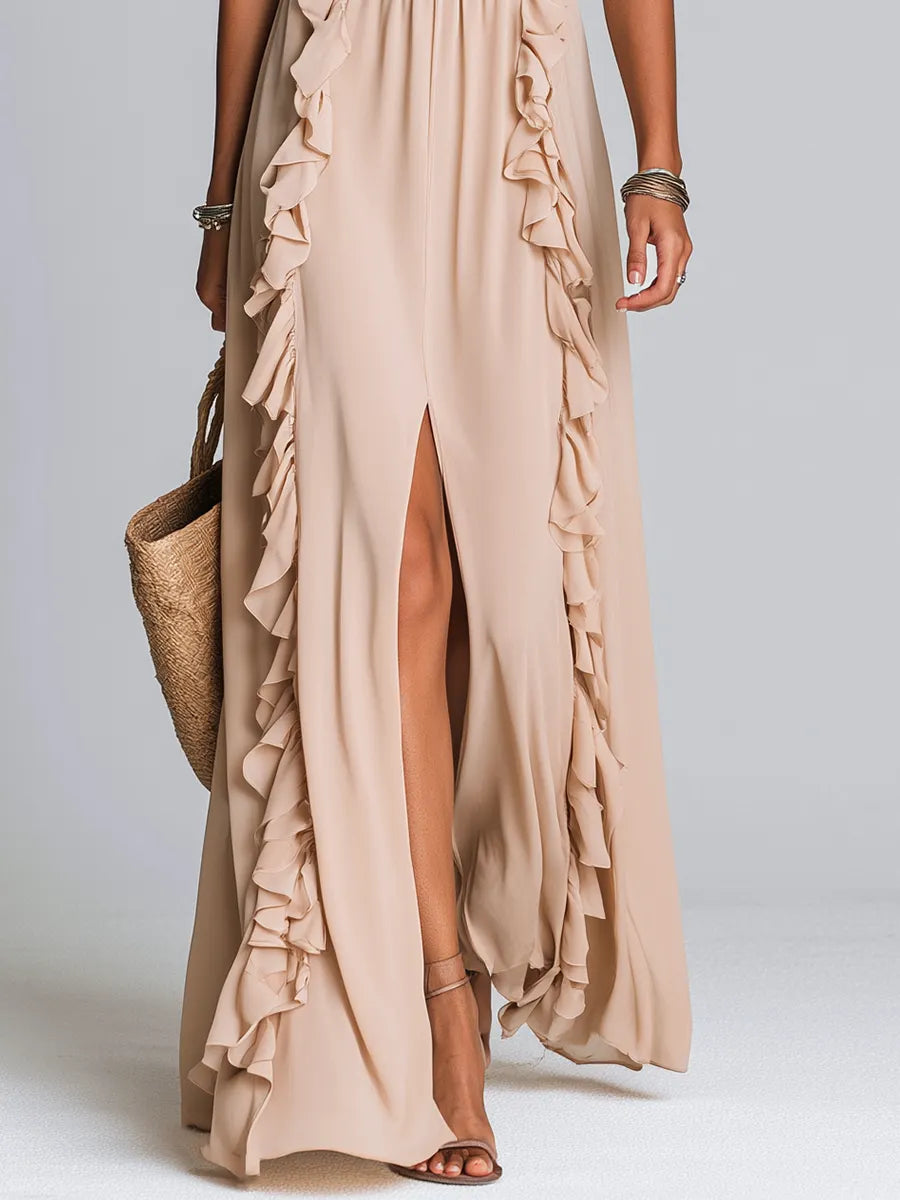 Elegant Beige Keyhole Halter Ruffle Slit Maxi Dress