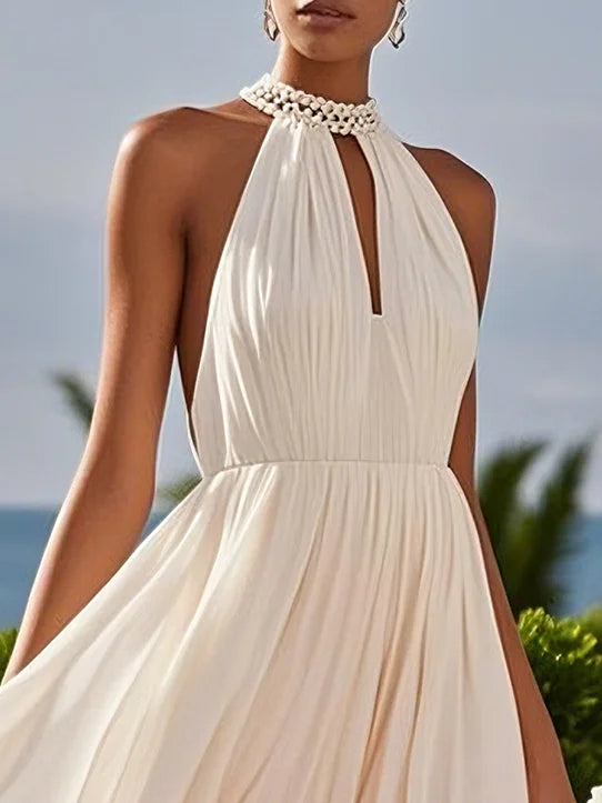 Pink Chiffon Halter Ombre Imitation Pearls Cut Out Sleeveless A-Line Mock Neck Maxi Dress