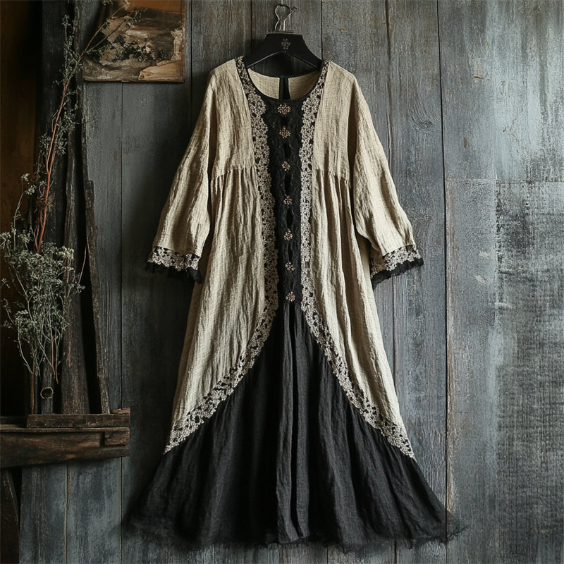 Vintage Lace Hem Contrast Linen Maxi Dress