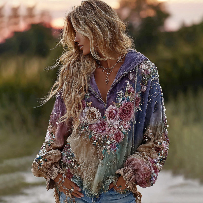 Tie-dye Rose Embroidered Sequined Hoodie