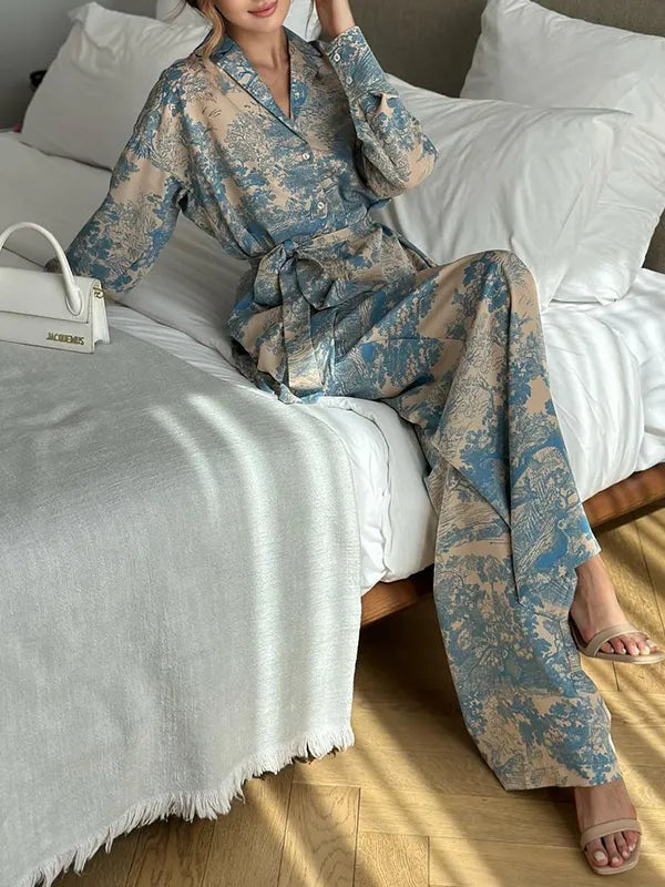Buttoned Printed Tied Waist High Waisted Long Sleeves Notched Collar Two Pieces Set Pants Set