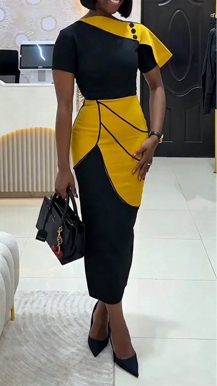 Women Round Neck Contrasting Color Waist Cinching Elegant Temperament Dress