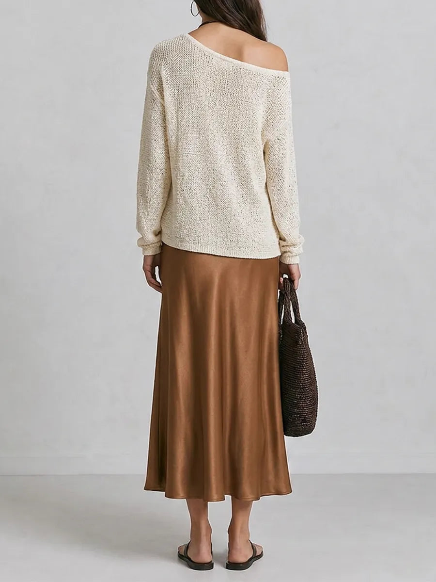 Slouchy One-Shoulder Long Sleeve Knit Pullover