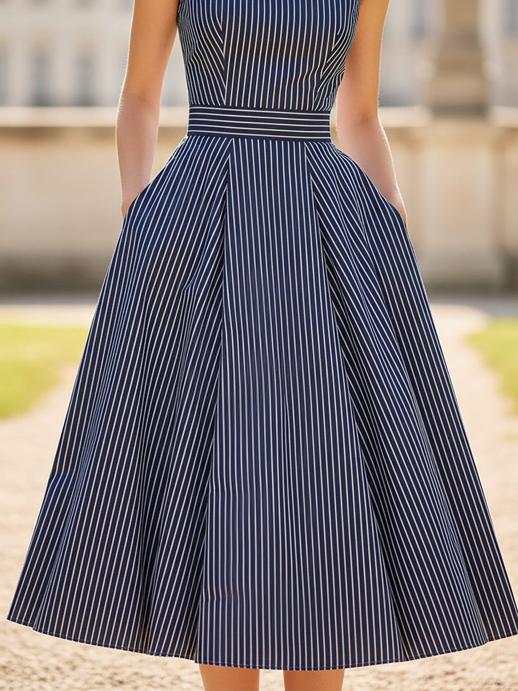 Midi Cotton Dress, Sleeveless, Round Neck, Striped, Bow, French Vintage, Blue