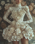 Women's Long Sleeve Lace 3D Flower Embroidery Dress